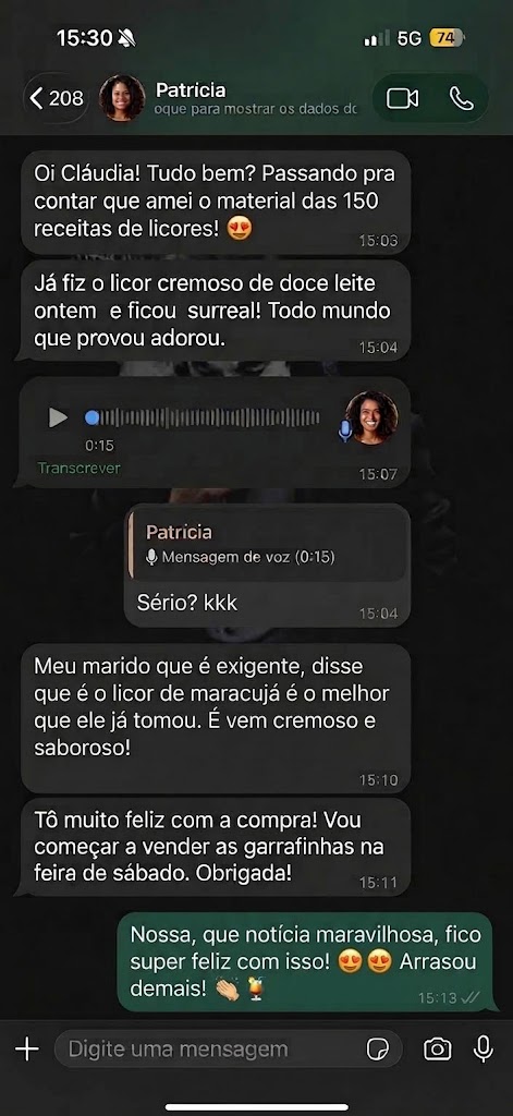 Depoimento de cliente no WhatsApp sobre as receitas de licores