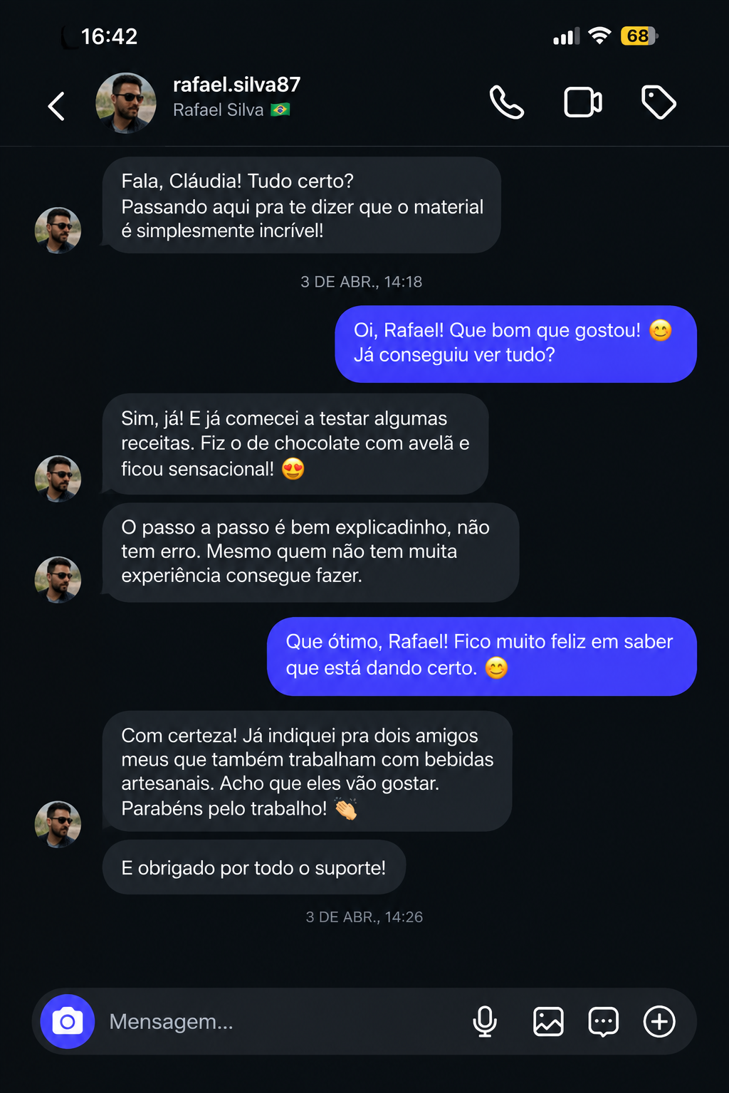 Depoimento de cliente no Instagram sobre o material de receitas